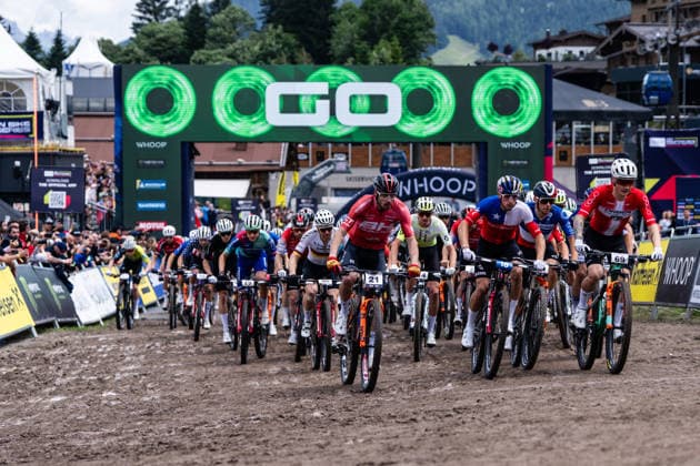 MOUNTAINBIKE - UCI MTB World Series LEOGANG,AUSTRIA,14.JUN.26 - CYCLING, MOUNTAIN BIKE - UCI Mountainbike World Cup, Cross-Country Olympic. Image shows the peloton at the start.  GEPAxpictures xJulioxArellano