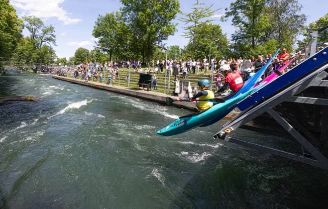 StartKayak cross from the start ramp ICF Canoe Slalom World Cup 2026 Eiskanal Augsburg