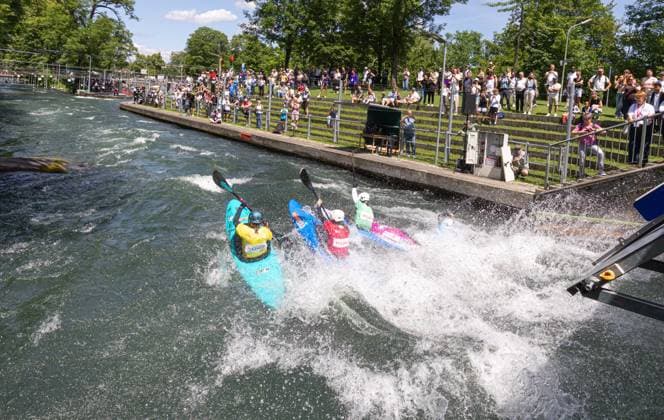 StartKayak cross from the start ramp ICF Canoe Slalom World Cup 2026 Eiskanal Augsburg