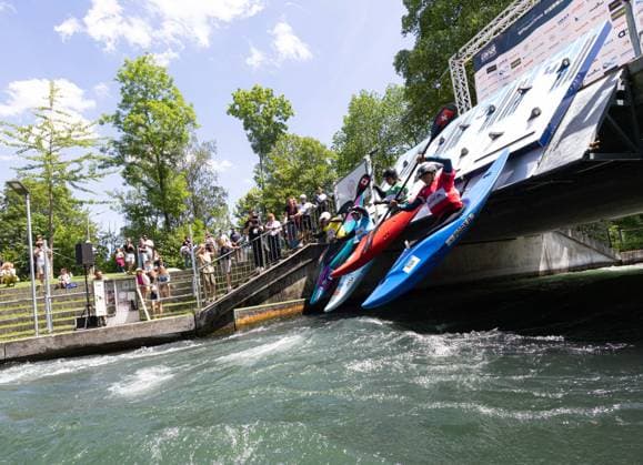 StartKayak cross from the start ramp ICF Canoe Slalom World Cup 2026 Eiskanal Augsburg