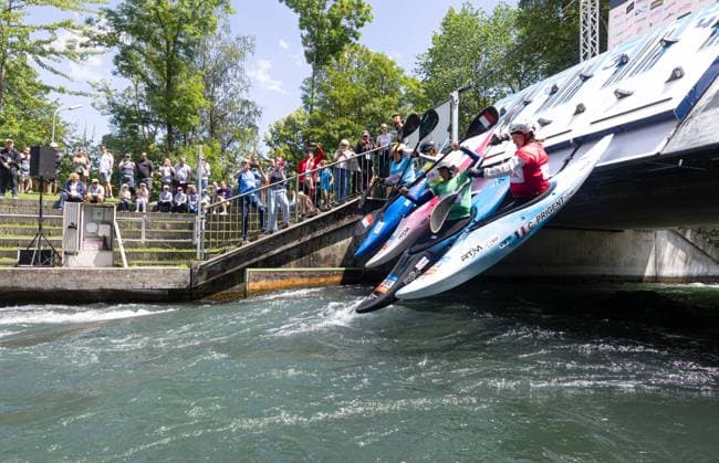StartKayak cross from the start ramp ICF Canoe Slalom World Cup 2026 Eiskanal Augsburg