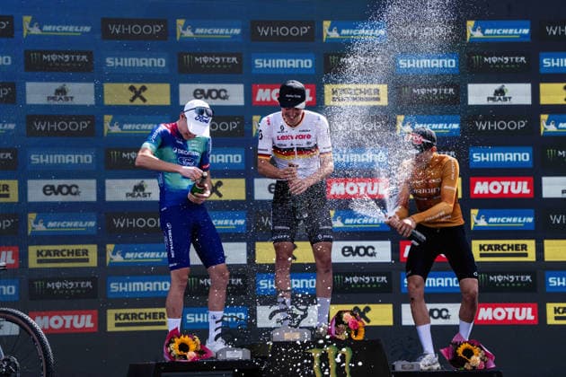 MOUNTAINBIKE - UCI MTB World Series LEOGANG,AUSTRIA,14.JUN.26 - CYCLING, MOUNTAIN BIKE - UCI Mountainbike World Cup, Cross-Country Olympic. Image shows Luca Martin (FRA), Adrien Boichis (FRA) and Riley Amos (USA).  GEPAxpictures xJulioxArellano