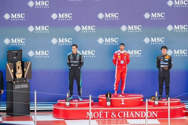 Formula 1 Barcelona Grand Prix - Race AJ Ferrari driver Lewis Hamilton (44), McLaren driver Lando Norris (1) and Mercedes driver George Russell (63) celebrate in the podium after the Catalonia Formula One (Formula 1, F1, Formule 1) Grand Prix at the Circuit de Catalunya in Montmelo, on the outskirts of Barcelona, Spain on June 14, 2026. Photo by Alexis Jumeau ABACAPRESS.COM Barcelona Spain  Copyright: xJumeauxAlexis ABACAx