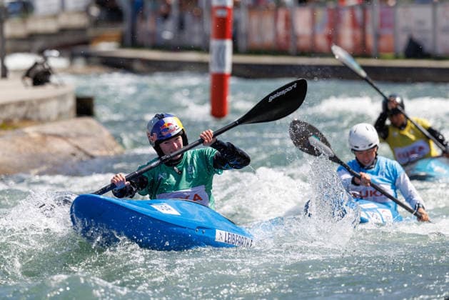 Tereza Kneblova CZE , Evy Leibfarth USA , Klaudia Zwolinska POL , Omira Estacia Neta BRA at ICF CANOE SLALOM WORLD CUP, Canoeing, Women, Kayak Cross, 2026, on 14 06 2026 in Augsburg, Eiskanal Bayern Germany