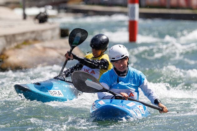 Tereza Kneblova CZE , Evy Leibfarth USA , Klaudia Zwolinska POL , Omira Estacia Neta BRA at ICF CANOE SLALOM WORLD CUP, Canoeing, Women, Kayak Cross, 2026, on 14 06 2026 in Augsburg, Eiskanal Bayern Germany