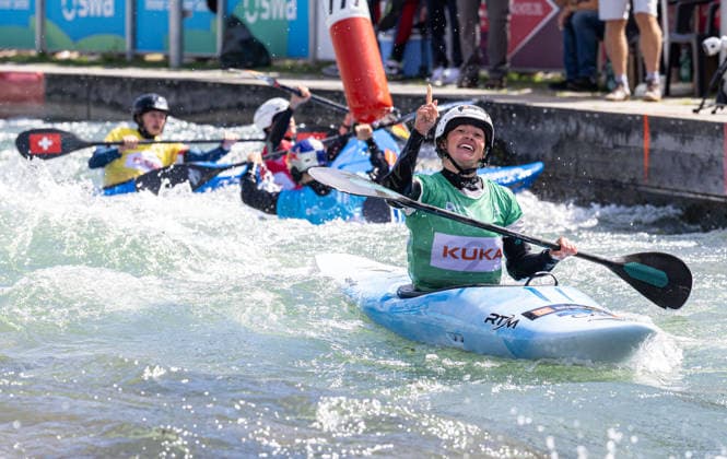 Tereza Kneblova CZE , winner in kayak cross, ICF Canoe Slalom World Cup 2026 Ice Canal Augsburg