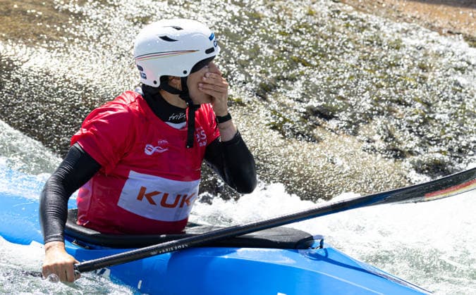 Ricarda Funk GER ,is disappointed with her fourth and last place in the final, Kayak Cross ICF Canoe Slalom World Cup 2026 Eiskanal Augsburg