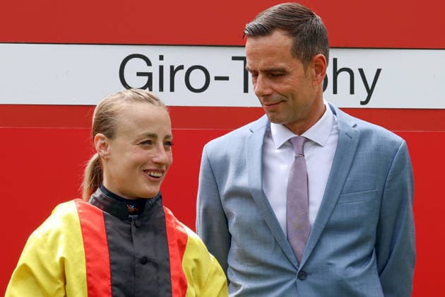14 06 2026, Cologne, North Rhine-Westphalia, GER Jockey Sibylle Vogt and trainer Marcel Weiss in portrait racecourse Cologne Weidenpesch Jockey, Trainer, Vogt, Weiss, Portrait, Portraet 260614S979KOELN JPG