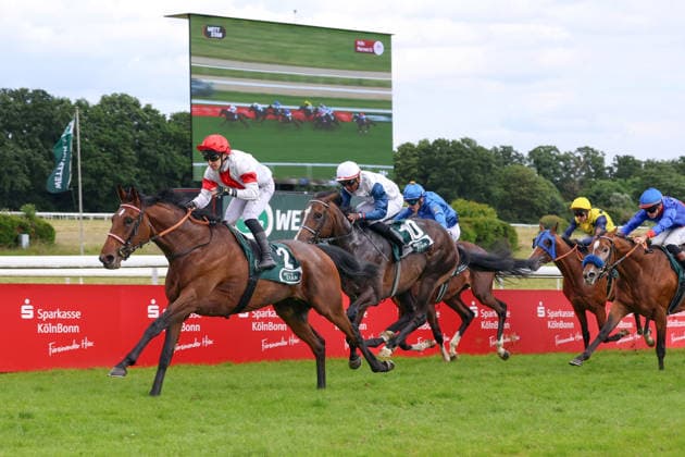 14 06 2026, Koeln, Nordrhein Westfalen, GER Englishman with Enzo Crublet wins the 191 Union race Galopprennbahn Koeln Weidenpesch Horse, Jockey, Englishman, Crublet, victory, finish, finish 260614S987KOELN JPG