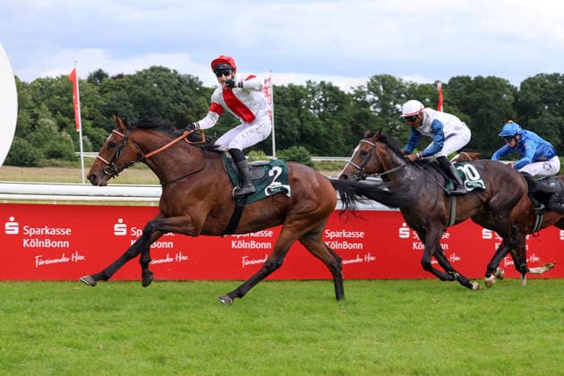 14 06 2026, Koeln, Nordrhein Westfalen, GER Englishman with Enzo Crublet wins the 191 Union race Galopprennbahn Koeln Weidenpesch horse, jockey, Englishman, Crublet, victory, finish, finish 260614S988KOELN JPG