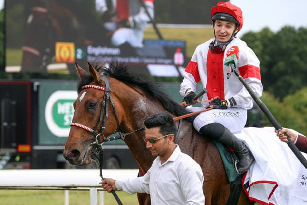 14 06 2026, Koeln, Nordrhein Westfalen, GER Englishman with Enzo Crublet after winning the 191 Union race Galopprennbahn Koeln Weidenpesch Horse, Jockey, Englishman, Crublet, Victory 260614S991KOELN JPG