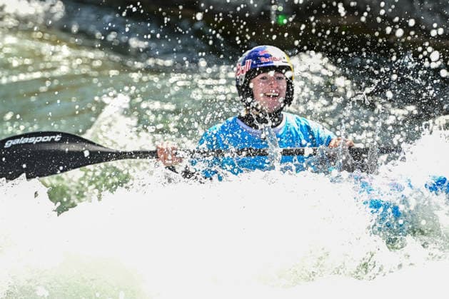 ICF Canoe Slalom World Cup 14 06 2026, Eis Kanal, Augsburg Lucky Evy Leibfarth after passing the finish line wins the silver medal, Augsburg, 14 06 2026 Canoe World Cup, Kayak Cross Elimination, Augsburg, Eis Kanal Copyright: xBEAUTIFULxSPORTS Märklx