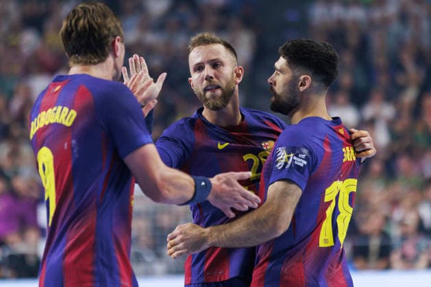 Jonathan CARLSBOGARD FC Barcelona Barca, 09 , Aleix GOMEZ FC Barcelona Barca, 20 , Blaz JANC FC Barcelona Barca, 18 Cheers, joy, passion, success, emotion, enthusiasm, positive emotions GER, FC Barcelona Barca vs Fuechse Berlin, Handball, TruckScout24 EHF FINAL4 2026, Final, Season 2025 2026, 14 06 2026, GER, FC Barcelona Barca vs Fuechse Berlin, Handball, TruckScout24 EHF FINAL4 2026, Final, Season 2025 2026, 14 06 2026, Cologne Copyright: xEibnerxPressefoto OliverxSchmidtx EP_OST