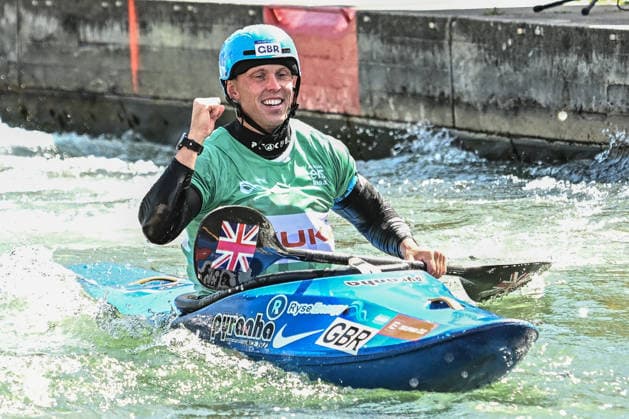 ICF Canoe Slalom World Cup 14 06 2026, Eis Kanal, Augsburg Gold medal winner Joseph Clarke GBR , Augsburg, 14 06 2026 Canoe World Cup, Kayak Cross Elimination, Augsburg, Eis Kanal Copyright: xBEAUTIFULxSPORTS Märklx