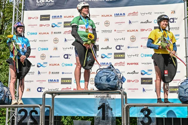 ICF Canoe Slalom World Cup 14 06 2026, Eis Kanal, Augsburg Winner Men™s Kayak Corss from left 2nd place David Llorente ESP , 1st place Joseph Clarke GBR , 3rd place Gabriel de Coster BEL , Augsburg, 14 06 2026 Canoe World Cup, Augsburg, Eis Kanal Copyright: xBEAUTIFULxSPORTS Märklx