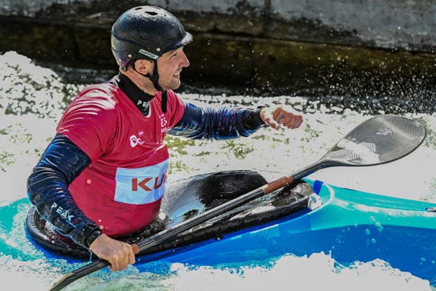 ICF Canoe Slalom World Cup 14 06 2026, Eis Kanal, Augsburg Lucien Delfour was the first to cross the finish line but was disqualified, Augsburg, 14 06 2026 Canoe World Cup, Kayak Cross Elimination, Augsburg, Eis Kanal Copyright: xBEAUTIFULxSPORTS Märklx