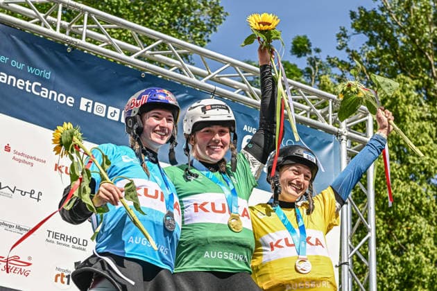 ICF Canoe Slalom World Cup 14 06 2026, Eis Kanal, Augsburg Winner Women™s Kayak Corss from left Evy Leibfarth USA , 1st place Tereza Kneblova CZE , Alena Marx SUI , Augsburg, 14 06 2026 Canoe World Cup, Augsburg, Eis Kanal Copyright: xBEAUTIFULxSPORTS Märklx