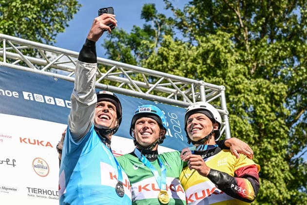 ICF Canoe Slalom World Cup - 14.06.2026, Eis Kanal, Augsburg Winner Men™s Kayak Corss from left: 2nd place David Llorente (ESP) , 1st place Joseph Clarke (GBR) , 3rd place Gabriel de Coster (BEL), Augsburg, 14.06.2026 - Canoe World Cup, Augsburg, Eis Kanal *** ICF Canoe Slalom World Cup 14 06 2026, Eis Kanal, Augsburg Winner Men™s Kayak Corss from left 2nd place David Llorente ESP , 1st place Joseph Clarke GBR , 3rd place Gabriel de Coster BEL , Augsburg, 14 06 2026 Canoe World Cup, Augsburg, Eis Kanal Copyright: xBEAUTIFULxSPORTS Märklx
