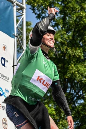 ICF Canoe Slalom World Cup 14 06 2026, Eis Kanal, Augsburg Raised Finger of Gold medal winner Tereza Kneblova, Augsburg, 14 06 2026 Canoe World Cup, Kayak Cross Elimination, Augsburg, Eis Kanal Copyright: xBEAUTIFULxSPORTS Märklx