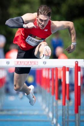 MANNHEIM, GERMANY - JUNE 14, 2026 : Tim Eikermann (GER TSV Bayer 04 Leverkusen) competing in the men’s 110m hurdles during the Elite Meeting at Michael-Hoffmann-Stadion on June 14, 2026 in Mannheim, Germany. Baden-Wuerttemberg Germany Copyright: xAxelxKohringx