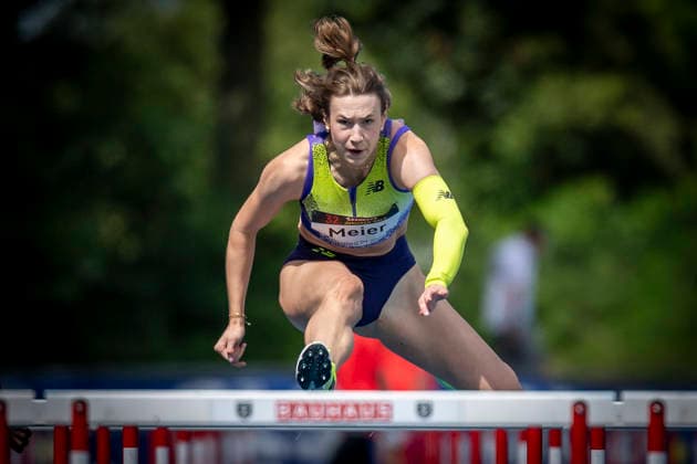 MANNHEIM, GERMANY - JUNE 14, 2026 : Marlene Meier (GER TSV Bayer 04 Leverkusen) competing in the women’s 110m hurdles during the Elite Meeting at Michael-Hoffmann-Stadion on June 14, 2026 in Mannheim, Germany. Baden-Wuerttemberg Germany Copyright: xAxelxKohringx