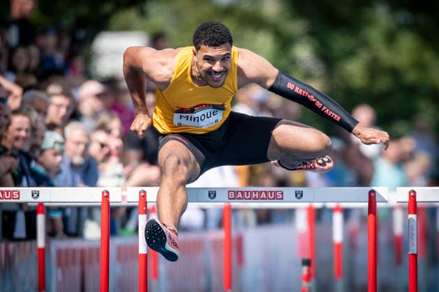 MANNHEIM, GERMANY - JUNE 14, 2026 : Gregory Minoue (GER Tracksrunner Bonn) competing in the men’s 110m hurdles during the Elite Meeting at Michael-Hoffmann-Stadion on June 14, 2026 in Mannheim, Germany. Baden-Wuerttemberg Germany Copyright: xAxelxKohringx