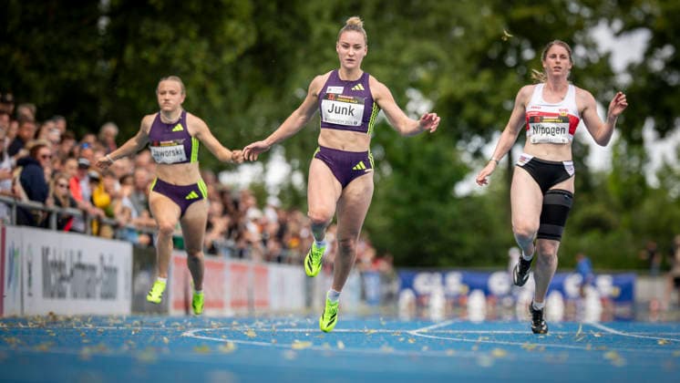 MANNHEIM, GERMANY - JUNE 14, 2026 : Nele Jaworski (GER VfL Wolfsburg), Sophia Junk (GER LG Rhein-Wied), Lisa Nippgen (GER VfB Stuttgart 1893) competing in the women’s 100m during the Elite Meeting at Michael-Hoffmann-Stadion on June 14, 2026 in Mannheim, Germany. Baden-Wuerttemberg Germany Copyright: xAxelxKohringx