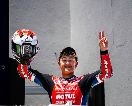 June 14, 2026, Cascais, Lisbon, Portugal: Travis Borg - of the Team Monlau Motul celebrate during the FIM Moto3 Junior World Championship, WM, Weltmeisterschaft Race at Circuito Estoril on june 14, 2026 in Estoril,Cascais Portugal. Cascais Portugal - ZUMAr200 20260614_zsp_r200_057 Copyright: xNunoxReisinhox