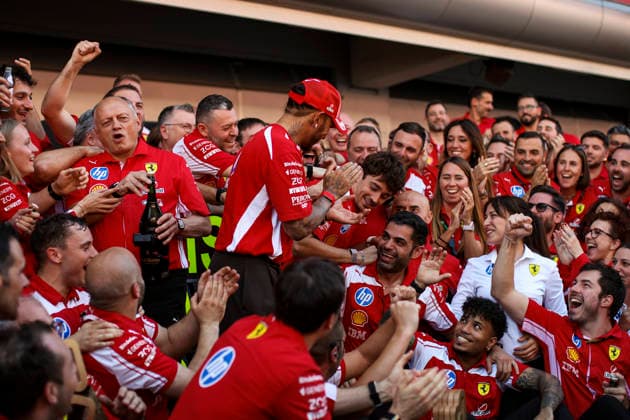 F1 - BARCELONA-CATALUNYA GRAND PRIX 2026 HAMILTON Lewis (gbr), Scuderia Ferrari SF-26, portrait LECLERC Charles (mco), Scuderia Ferrari SF-26, portrait VASSEUR FrÃ dÃ ric (fra), Team Principal & General Manager of the Scuderia Ferrari, portrait celebrations victory mechanic, mecanicien, mechanics during the Formula 1 Barcelona-Catalunya Grand Prix 2026, 7th round of the 2026 Formula One World Championship, WM, Weltmeisterschaft from June 12 to 14, 2026 on the Circuit de Barcelona-Catalunya, in Montmelo, Spain - MontmeloSpain  Copyright: xXavixBonillax
