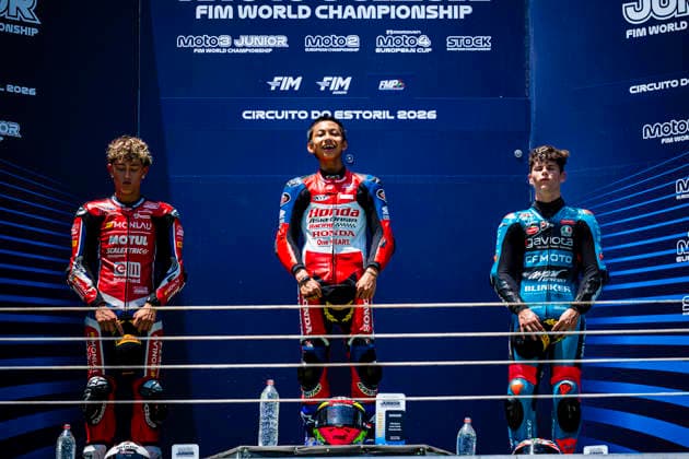 June 14, 2026, Cascais, Lisbon, Portugal: Riders celebrate on the podium during the FIM Moto3 Junior World Championship, WM, Weltmeisterschaft Race at Circuito Estoril on june 14, 2026 in Estoril,Cascais Portugal. Cascais Portugal - ZUMAr200 20260614_zsp_r200_058 Copyright: xNunoxReisinhox