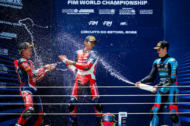 June 14, 2026, Cascais, Lisbon, Portugal: Riders celebrate on the podium during the FIM Moto3 Junior World Championship, WM, Weltmeisterschaft Race at Circuito Estoril on june 14, 2026 in Estoril,Cascais Portugal. Cascais Portugal - ZUMAr200 20260614_zsp_r200_059 Copyright: xNunoxReisinhox
