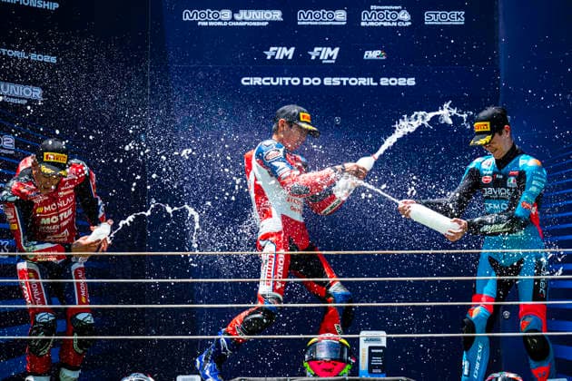 June 14, 2026, Cascais, Lisbon, Portugal: Riders celebrate on the podium during the FIM Moto3 Junior World Championship, WM, Weltmeisterschaft Race at Circuito Estoril on june 14, 2026 in Estoril,Cascais Portugal. Cascais Portugal - ZUMAr200 20260614_zsp_r200_060 Copyright: xNunoxReisinhox