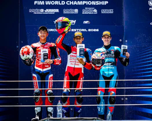 June 14, 2026, Cascais, Lisbon, Portugal: Riders celebrate on the podium during the FIM Moto3 Junior World Championship, WM, Weltmeisterschaft Race at Circuito Estoril on june 14, 2026 in Estoril,Cascais Portugal. Cascais Portugal - ZUMAr200 20260614_zsp_r200_062 Copyright: xNunoxReisinhox