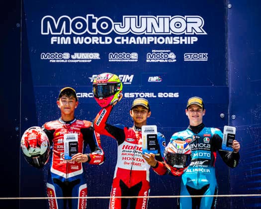 June 14, 2026, Cascais, Lisbon, Portugal: Riders celebrate on the podium during the FIM Moto3 Junior World Championship, WM, Weltmeisterschaft Race at Circuito Estoril on june 14, 2026 in Estoril,Cascais Portugal. Cascais Portugal - ZUMAr200 20260614_zsp_r200_064 Copyright: xNunoxReisinhox