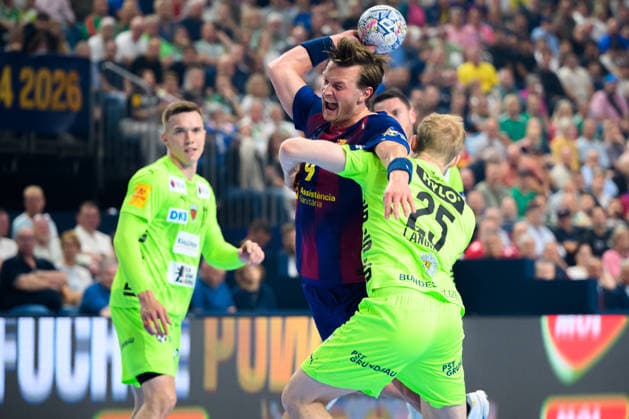 Cologne, Germany Handball EHF CL Final 4 Final Barca Fuechse Berlin from left in duel Jonathan Carlsbogard Barcelona and Matthes Langhoff Berlin Cologne Lanxess Arena Nordrhein Westfalen Germany