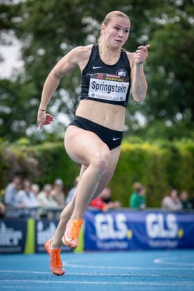 MANNHEIM, GERMANY - JUNE 14, 2026 : Paula Springstein (GER Ostsee Sprint- und Laufteam Rostock e.V.) competing in the women’s 200m during the Juniorengala 2026 at Michael-Hoffmann-Stadion on June 14, 2026 in Mannheim, Germany. Baden-Wuerttemberg Germany Copyright: xAxelxKohringx