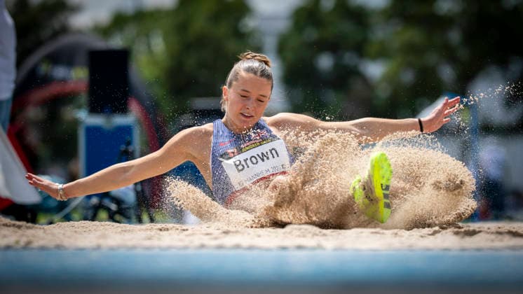 MANNHEIM, GERMANY - JUNE 14, 2026 : Thea Brown (GBR Great Britain & N.I.) competing in the women’s long jump during the Juniorengala 2026 at Michael-Hoffmann-Stadion on June 14, 2026 in Mannheim, Germany. Baden-Wuerttemberg Germany Copyright: xAxelxKohringx