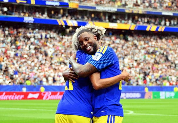 FIFA World Cup, WM, Weltmeisterschaft, Fussball 2026 - Group E - Germany vs Curacao Tahith Chong of Curacao (L) and Riechedly Bazoer of Curacao celebrate after the 1-1 during the FIFA World Cup 2026 group stage match Germany against Curacao, in Houston, USA, 14 June 2026. HOUSTON United States  Copyright: xSAMxWASSONx