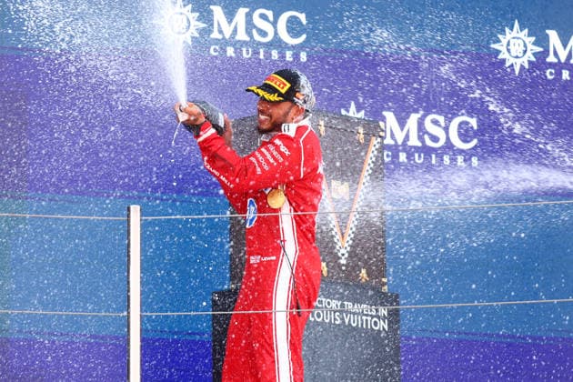 F1 Gran Prix of Spain Lewis Hamilton of Scuderia Ferrari HP celebrates on the podium during the F1 Grand Prix of Catalunya at Montemelo Circuit on June 14, 2026 in Barcelona, Spain. . Barcelona Circuit de Catalunya Spain Copyright: xMarcoxCanonierox