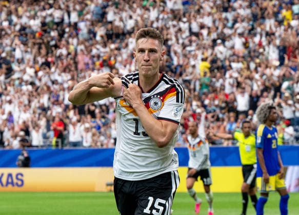 Soccer, Men, FIFA World Cup 2026 in Mexico, Canada and USA, Match in Houston Group E, Matchday 1 , Germany Curacao, Nico Schlotterbeck Germany , Cheering after scoring 2 1, 14 06 2026, Copyright: xMatthiasxKochx