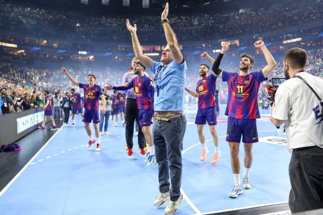14 06 2026, xgox,Handball, EHF Champions League Final, FC Barcelona Fuechse Berlin v l btatr Cheering about the victory, cheering after the end of the match Cologne