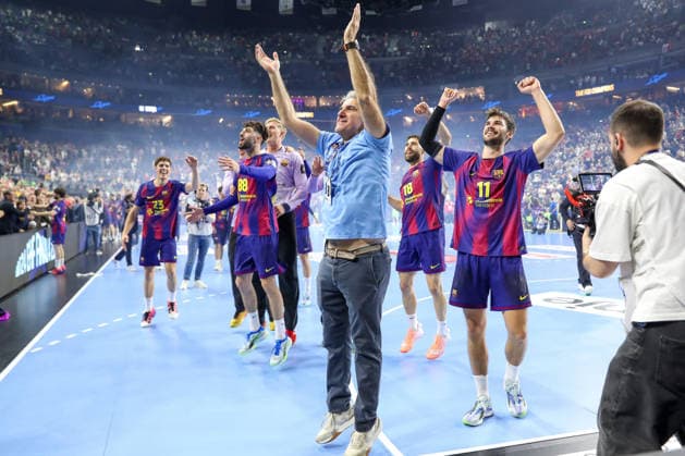 14 06 2026, xgox,Handball, EHF Champions League Final, FC Barcelona Fuechse Berlin v l btatr Cheering about the victory, cheering after the end of the match Cologne