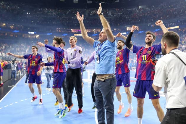 14 06 2026, xgox,Handball, EHF Champions League Final, FC Barcelona Fuechse Berlin v l btatr Cheering about the victory, cheering after the end of the match Cologne