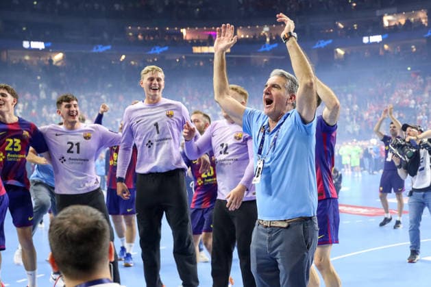 14 06 2026, xgox,Handball, EHF Champions League Final, FC Barcelona Fuechse Berlin v l btatr Cheering about the victory, cheering after the end of the match Cologne