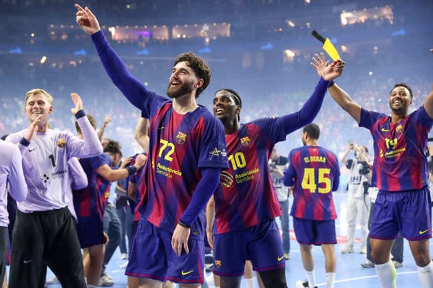 14.06.2026, xgox,Handball, EHF Champions League Finale, FC Barcelona, Barca - Fuechse Berlin v.l. Ludovic Fabregas (Barcelona, 72), Dika Mem (Barcelona, 10) Jubel ueber den Sieg, Jubel nach Spielende Koeln *** 14 06 2026, xgox,Handball, EHF Champions League Final, FC Barcelona Fuechse Berlin v l Ludovic Fabregas Barcelona, 72 , Dika Mem Barcelona, 10 Celebrating the victory, cheering after the end of the game Cologne