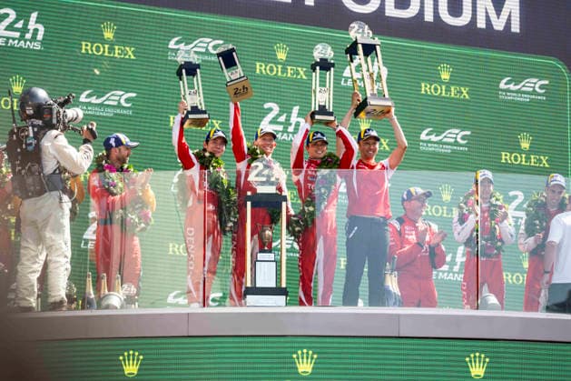 24 HEURES DU MANS 2026 - PODIUM 07 CONWAY Mike (gbr), KOBAYASHI Kamui (jpn), DE VRIES Nyck (nld), Toyota Racing, Toyota TR010 Hybrid 07, Hypercar, portrait during the podium of the 24 Hours of Le Mans 2026, 3rd round of the 2026 FIA World Endurance Championship, on June 14, 2026 on the Circuit des 24 Heures du Mans in Le Mans, France - Le MansFrance  Copyright: xCharlyxLopezx
