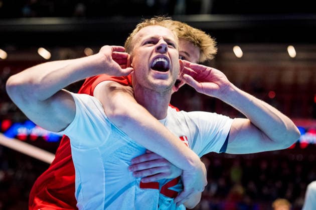 European Men s Volleyball League match Czechia vs Denmark in Jihlava, Czech Republic, June 14, 2026. From left Oskar Kjerstein Madsen, Jonas Enemark Petersen of Denmark. (CTKxPhoto JaroslavxSvoboda) CTKPhotoP2026061405243  CTKPhotoP2026061405243