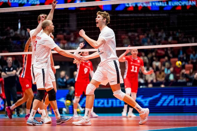 European Men s Volleyball League match Czechia vs Denmark in Jihlava, Czech Republic, June 14, 2026. From left Axel Jacobsen, Mads Kyed Jensen of Denmark. (CTKxPhoto JaroslavxSvoboda) CTKPhotoP2026061405253  CTKPhotoP2026061405253