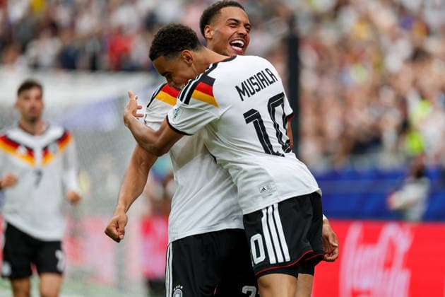 Jamal Musiala Germany celebrates after scoring his team s fourth goal with Felix Nmecha Germany during the FIFA World Cup 2026 Group E match between Germany and Curacao at Houston Stadium on June 14, 2026 in Houston, United States Photo by Torbjorn Tande DeFodi Images