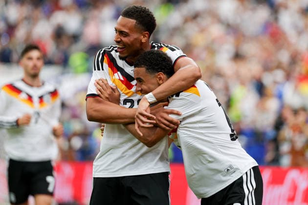 Jamal Musiala Germany celebrates after scoring his team s fourth goal with Felix Nmecha Germany during the FIFA World Cup 2026 Group E match between Germany and Curacao at Houston Stadium on June 14, 2026 in Houston, United States Photo by Torbjorn Tande DeFodi Images